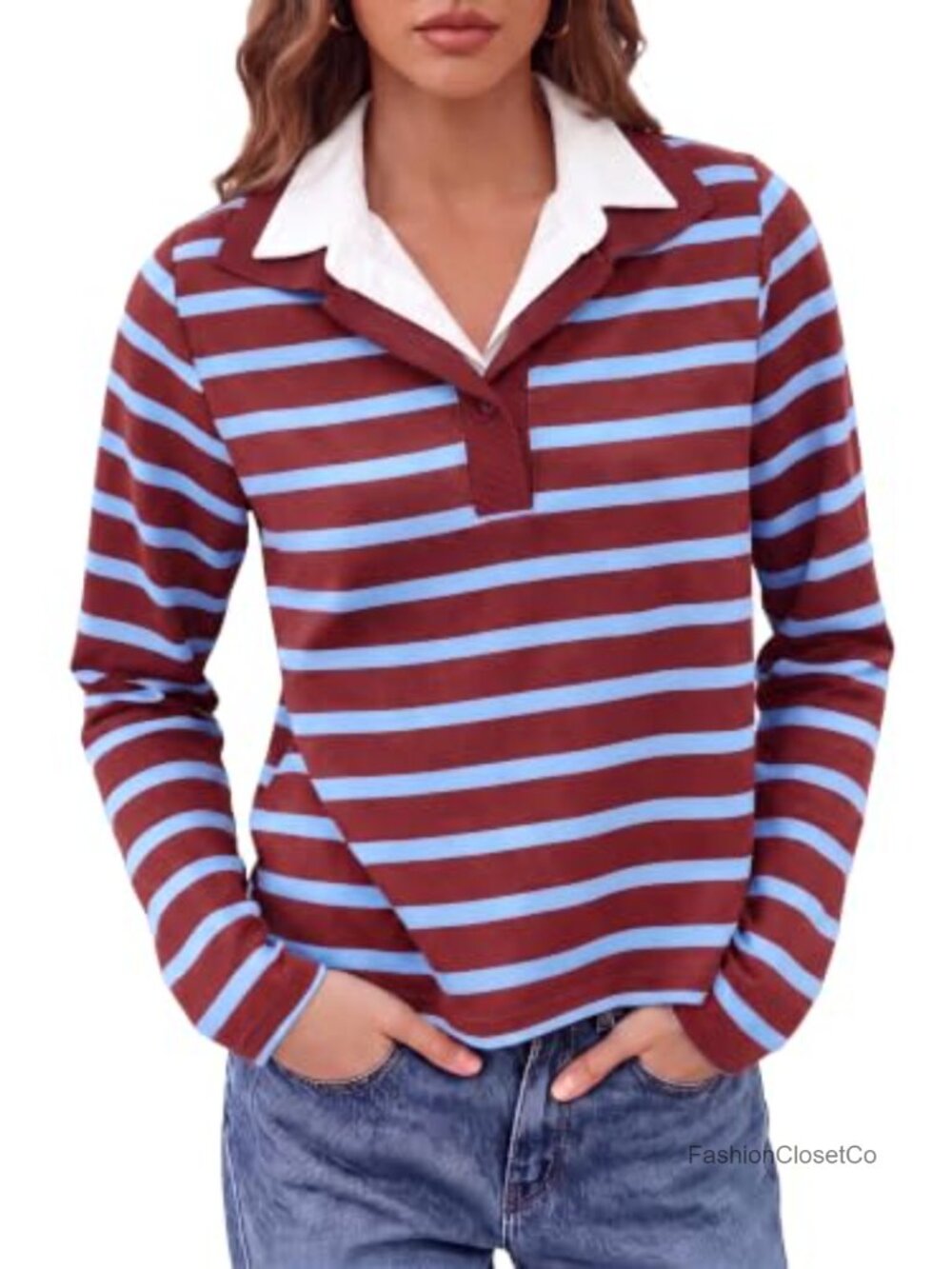 Striped Long Sleeve Polo Shirt for Women V-Neck Relaxed Fit